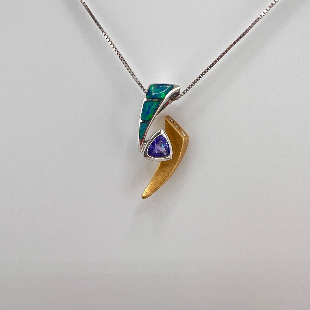 Trilliant Tanzanite Pendant with Diamonds & Inlaid Opal 18K